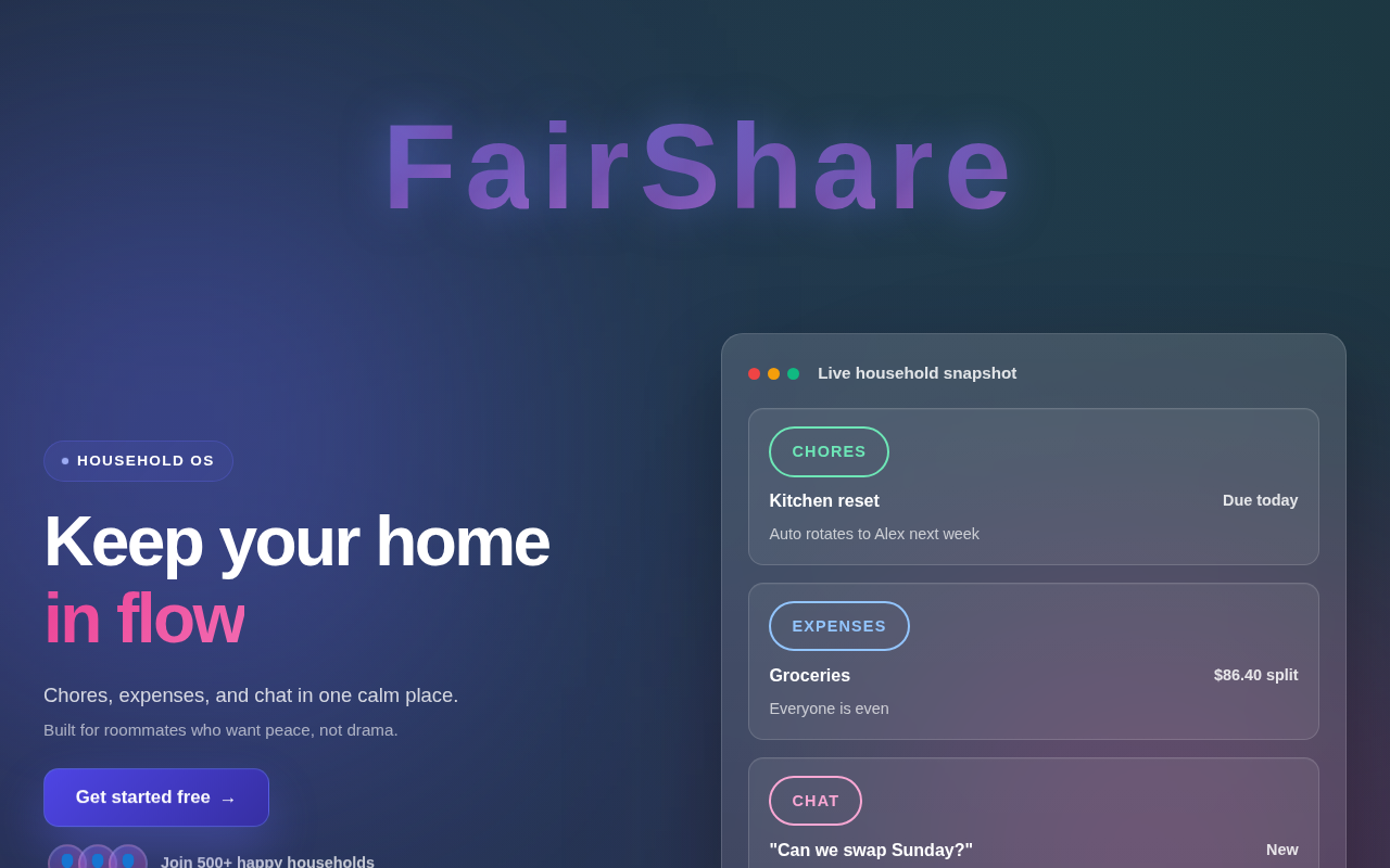 FairShare interface for household chores, expenses, and chat